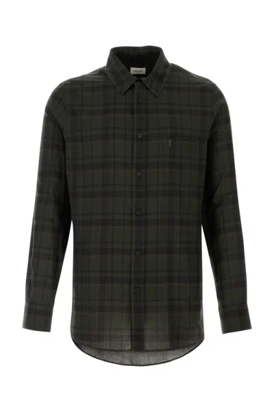 Saint Laurent Button-down Shirt With Curved Hem And Pocket In Gray