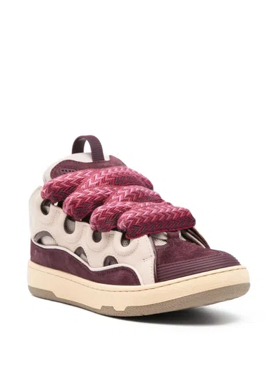 Lanvin Curb Leather And Fabric Sneakers In Beige And Burgundy In Multi