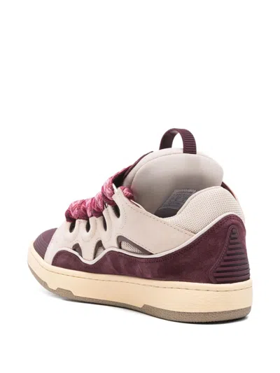 Lanvin Curb Leather And Fabric Sneakers In Beige And Burgundy In Multi