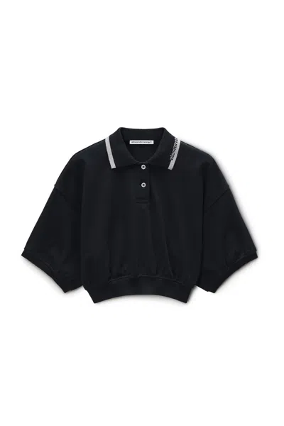 Alexander Wang Cropped Cinched Cotton Polo In Black