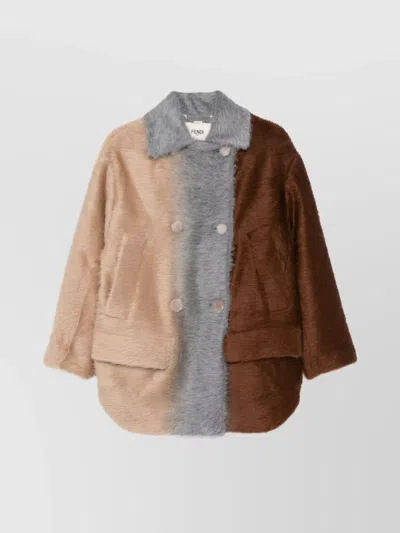 Fendi Wool Coat With Button Embellishments And Pockets In Multi