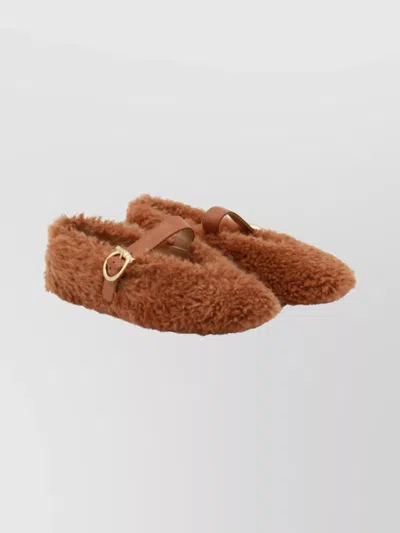 Ferragamo Ballerina Shoes With Buckle And Faux Fur In Animal Print