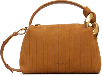 Jw Anderson Jwa Corner Small Chain-embellished Ribbed Nubuck Shoulder Bag In Brown