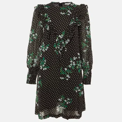 Pre-owned Ganni Black Polka Dot Floral Printed Chiffon Mini Dress S