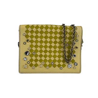 Pre-owned Bottega Veneta Beige Khaki Yellow Intrecciato Chain/shoulder Wallet ()