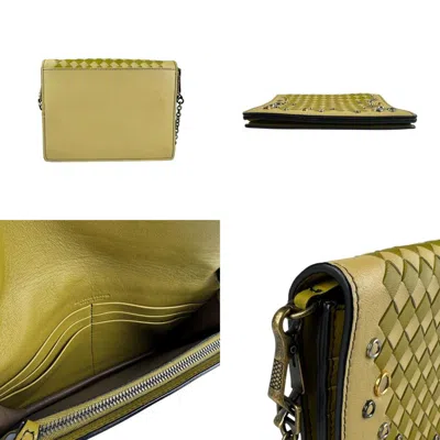 Pre-owned Bottega Veneta Beige Khaki Yellow Intrecciato Chain/shoulder Wallet ()
