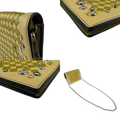 Pre-owned Bottega Veneta Beige Khaki Yellow Intrecciato Chain/shoulder Wallet ()