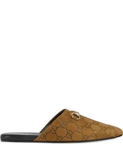 Gucci Women Brown Mule With Horsebit On The Front And All-over Gg Motif In Suede Woman In Brown