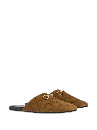 Gucci Women Brown Mule With Horsebit On The Front And All-over Gg Motif In Suede Woman In Brown