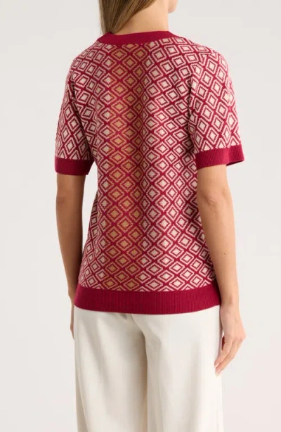 Dr2 By Daniel Rainn Geometric Jacquard Short Sleeve Sweater In Red