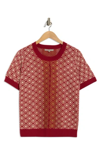 Dr2 By Daniel Rainn Geometric Jacquard Short Sleeve Sweater In Red