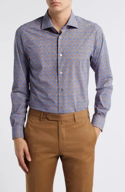 Zanella Flowers Floral Print Knit Nylon Blend Dress Shirt In Blue