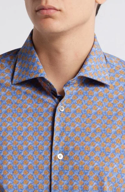 Zanella Flowers Floral Print Knit Nylon Blend Dress Shirt In Blue