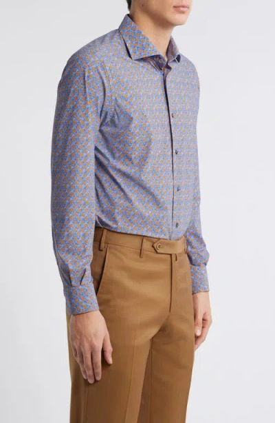 Zanella Flowers Floral Print Knit Nylon Blend Dress Shirt In Blue