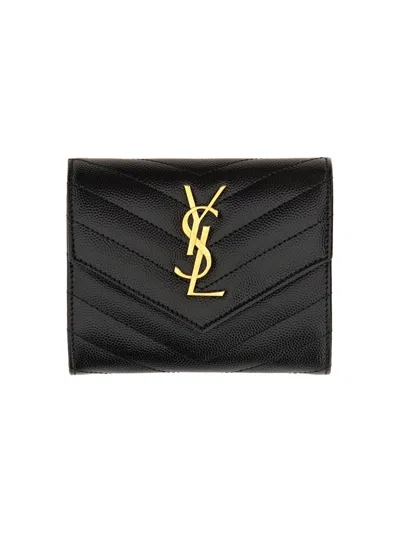 Saint Laurent "cassandras" Compact Tri-fold Wallet In Black