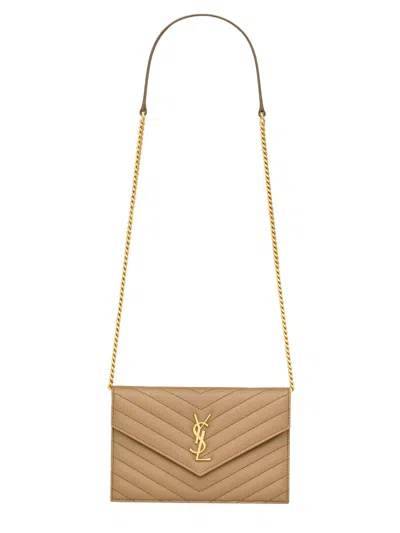 Saint Laurent Cassandre Envelope Chain Wallet In Lambskin In Neutral