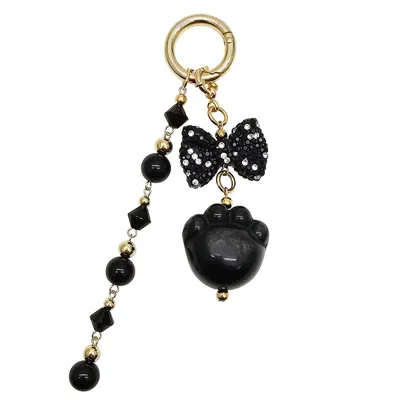 Farra Women's Black Obsidian Cat Paw With Bowknot And Tassel Bag Charm In Black