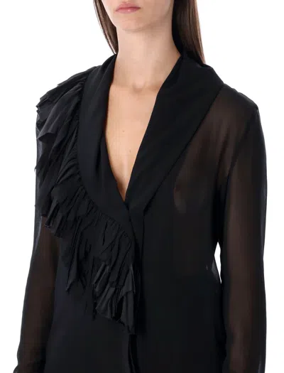 Alberta Ferretti Asymmetrical Ruffle Black Silk Blouse In Black