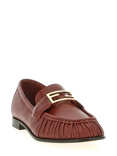 Fendi Curled Metal Detail Baguette Loafers In Brown