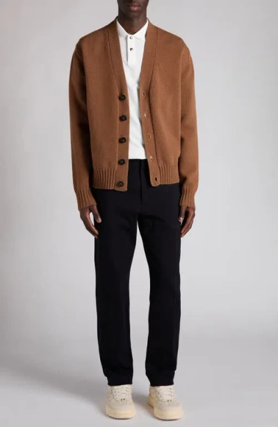 Moncler Logo Patch Virgin Wool Cardigan In Brown