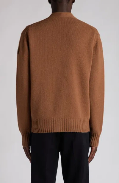 Moncler Logo Patch Virgin Wool Cardigan In Brown