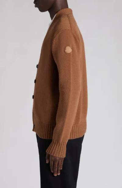 Moncler Logo Patch Virgin Wool Cardigan In Brown