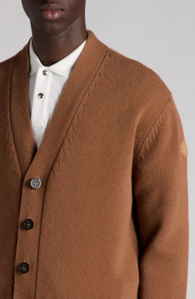 Moncler Logo Patch Virgin Wool Cardigan In Brown