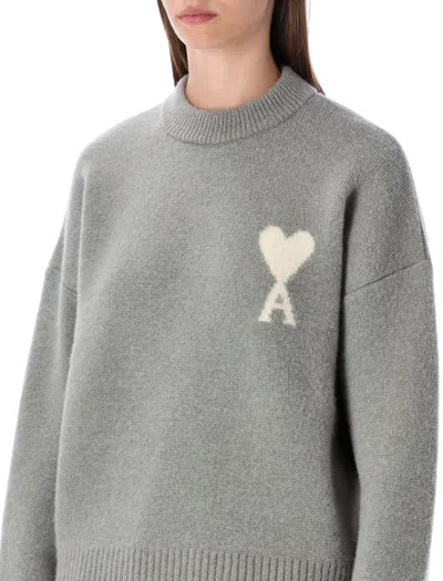 Ami Alexandre Mattiussi Crew Neck White Heart Sweater In Gray