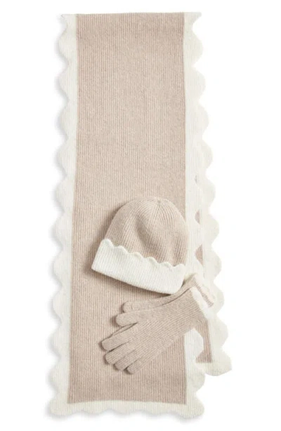 Treasure & Bond Scalloped Scarf, Beanie & Gloves Set In Brown
