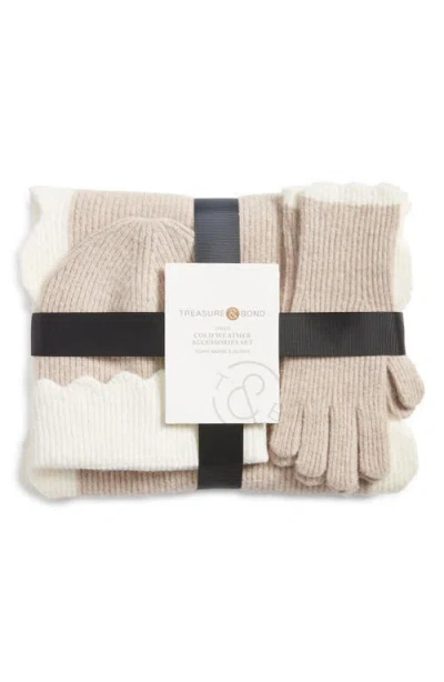 Treasure & Bond Scalloped Scarf, Beanie & Gloves Set In Brown