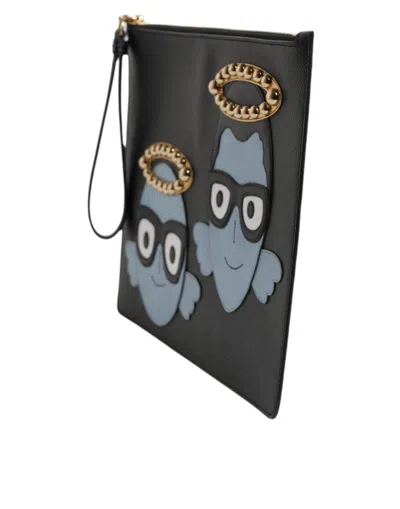 Dolce & Gabbana Black Leather #dgfamily Embellished Men Zip Pouch Men's Bag