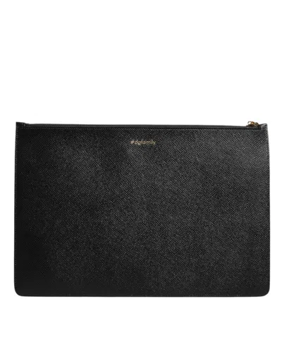Dolce & Gabbana Black Leather #dgfamily Embellished Men Zip Pouch Men's Bag