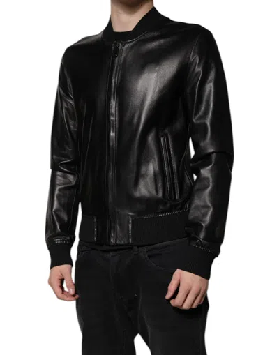 Pre-owned Dolce & Gabbana Black Leather Full Zip Biker Blouson Men's Jacket ()