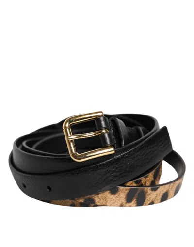 Pre-owned Dolce & Gabbana Black Leopard Classic Gold Metal Buckle Men's Belt ()