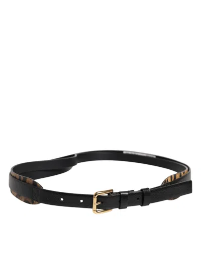 Pre-owned Dolce & Gabbana Black Leopard Classic Gold Metal Buckle Men's Belt ()