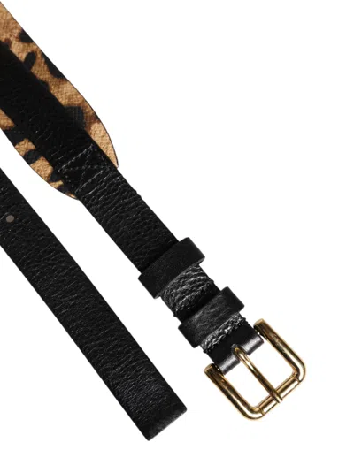 Pre-owned Dolce & Gabbana Black Leopard Classic Gold Metal Buckle Men's Belt ()