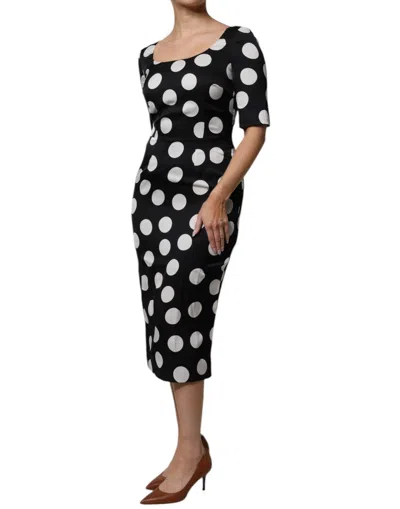 Pre-owned Dolce & Gabbana Black White Silk Polka Dots Sheath Midi Women's Dress () In Multi