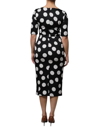 Pre-owned Dolce & Gabbana Black White Silk Polka Dots Sheath Midi Women's Dress () In Multi
