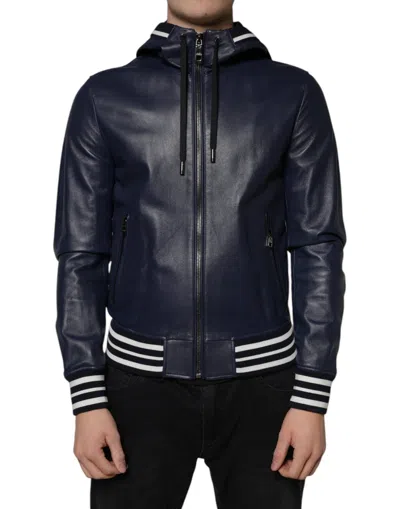 Pre-owned Dolce & Gabbana Blue Leather Full Zip Hooded Bomber Men's Jacket ()