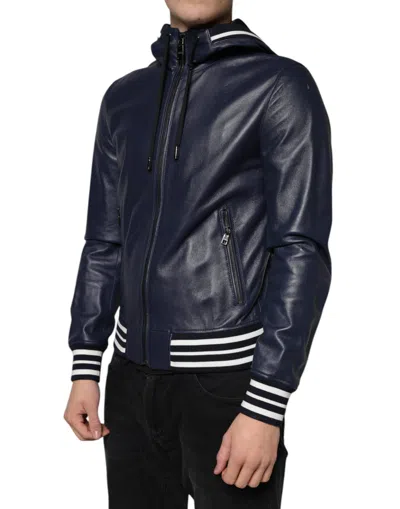 Pre-owned Dolce & Gabbana Blue Leather Full Zip Hooded Bomber Men's Jacket ()