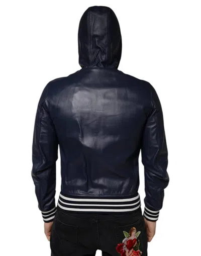 Pre-owned Dolce & Gabbana Blue Leather Full Zip Hooded Bomber Men's Jacket ()