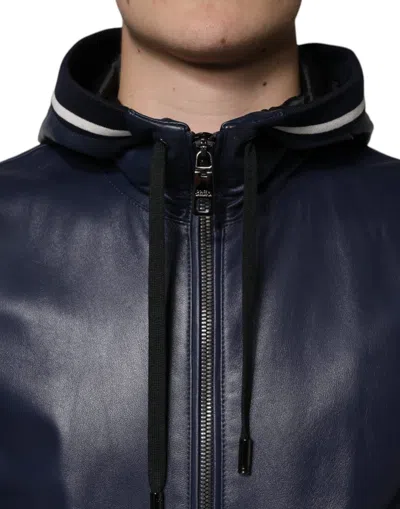 Pre-owned Dolce & Gabbana Blue Leather Full Zip Hooded Bomber Men's Jacket ()
