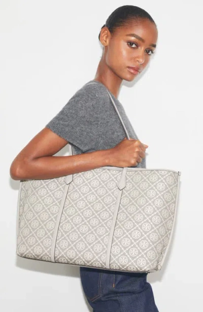 Tory Burch Perry T Monogram Jacquard Triple Compartment Tote In Gray