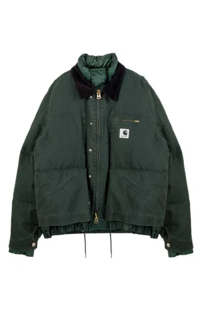 Sacai Carhartt Wip Washed Duck Canvas Down Puffer Jacket In Green