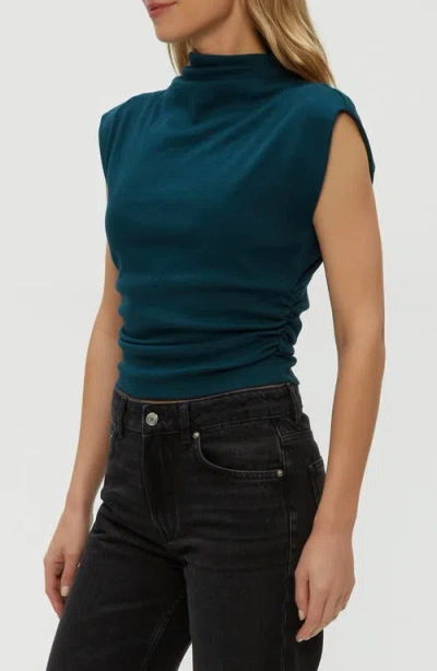 Michael Stars Amara Ruched Cowl Neck Rib T-shirt In Blue