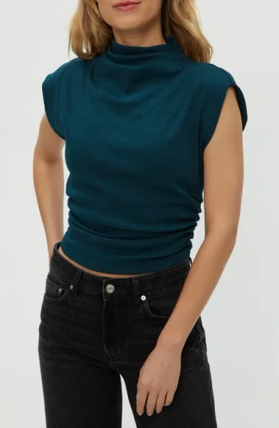 Michael Stars Amara Ruched Cowl Neck Rib T-shirt In Blue