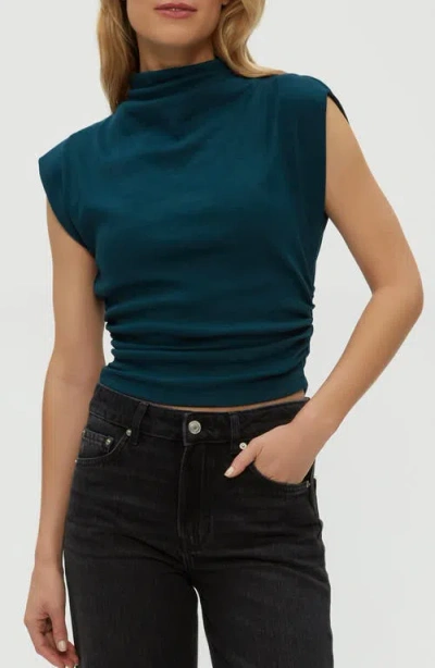Michael Stars Amara Ruched Cowl Neck Rib T-shirt In Blue