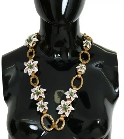 Pre-owned Dolce & Gabbana Gold Brass Oversize Chain Lily Flowers Women's Necklace ()