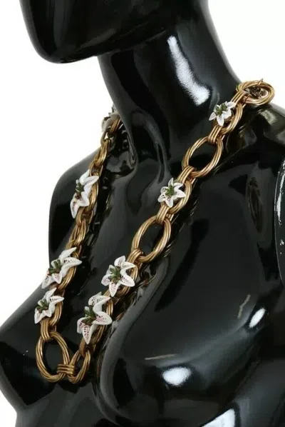 Pre-owned Dolce & Gabbana Gold Brass Oversize Chain Lily Flowers Women's Necklace ()