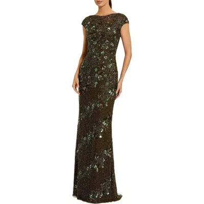 Mac Duggal Beaded High Neck Cap Sleeve Column Gown In Green